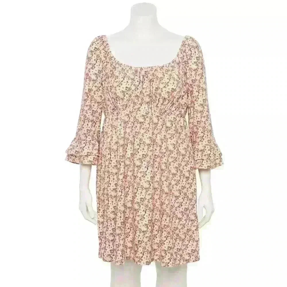 Lily Rose Smocked Babydoll Pink Floral Dress 1X NWT Ruffle Sleeves Cottagecore